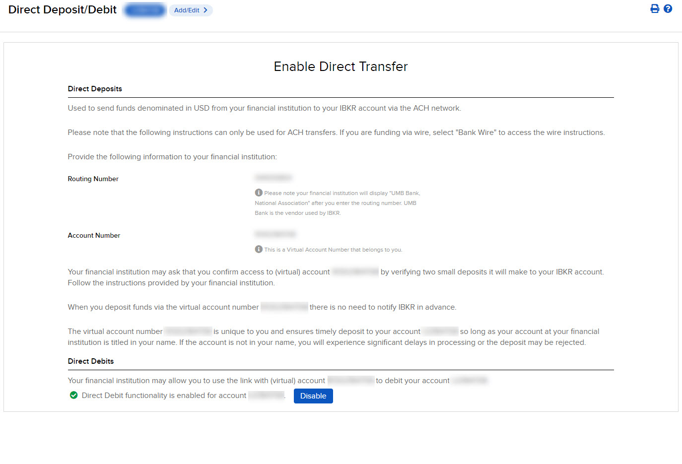 Image of the direct deposit/debit panel in portal. 